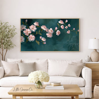 Pink Blossom Branch Frame TV Art displayed on a TV