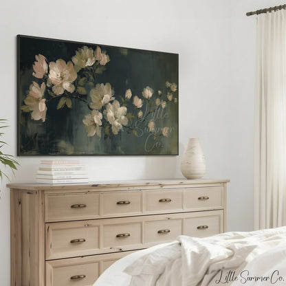 Cream Garden Blossoms Frame TV Art displayed on a TV