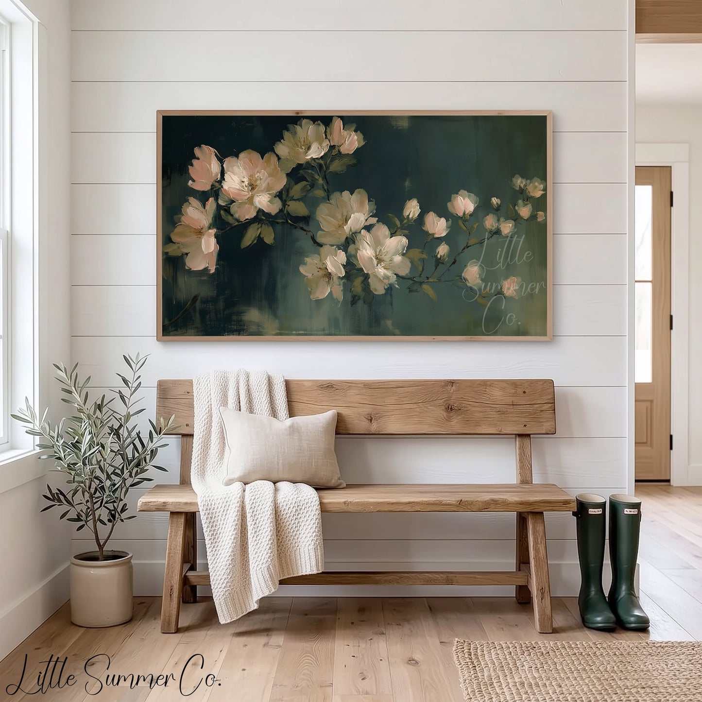 Cream Garden Blossoms Frame TV Art displayed on a TV