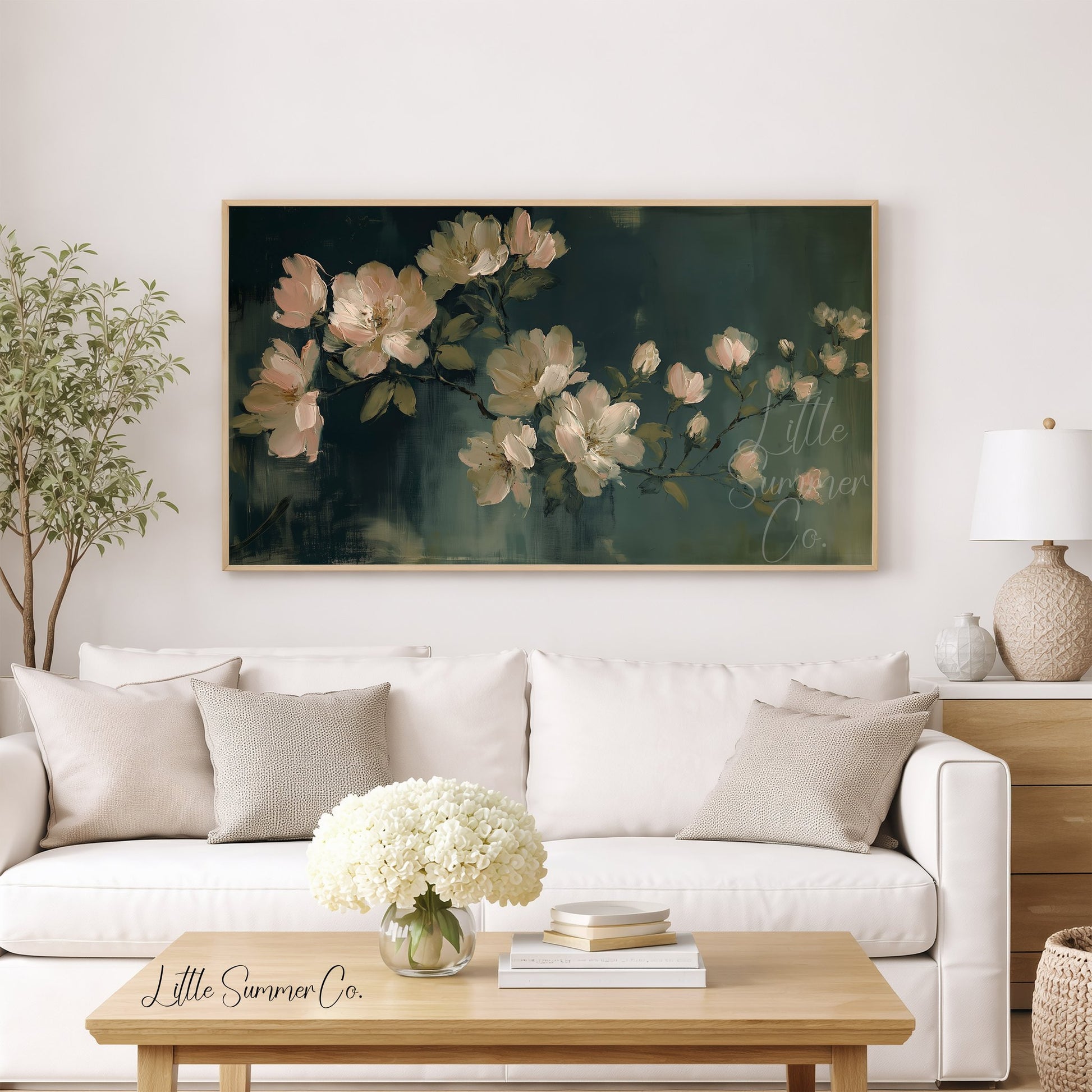 Cream Garden Blossoms Frame TV Art displayed on a TV