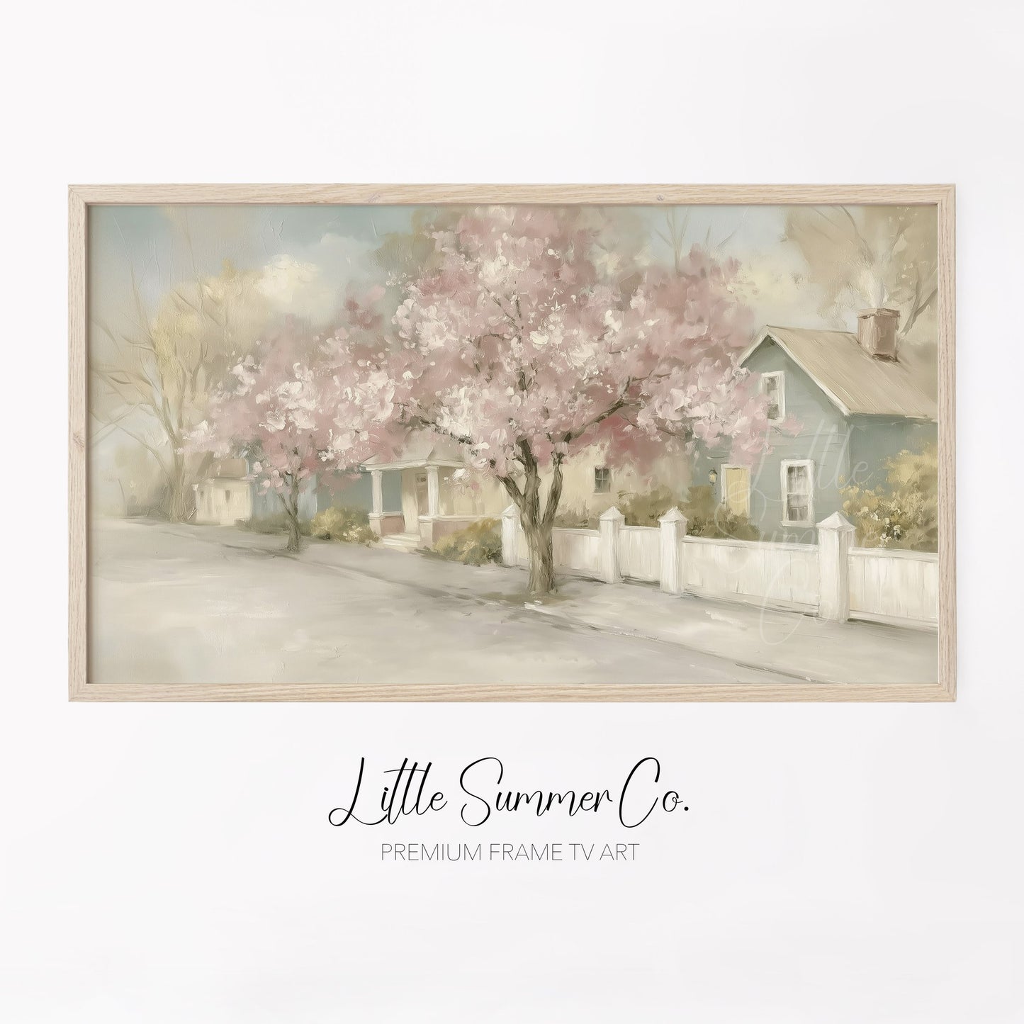 Blossom Cottage Street Frame TV Art displayed on a TV