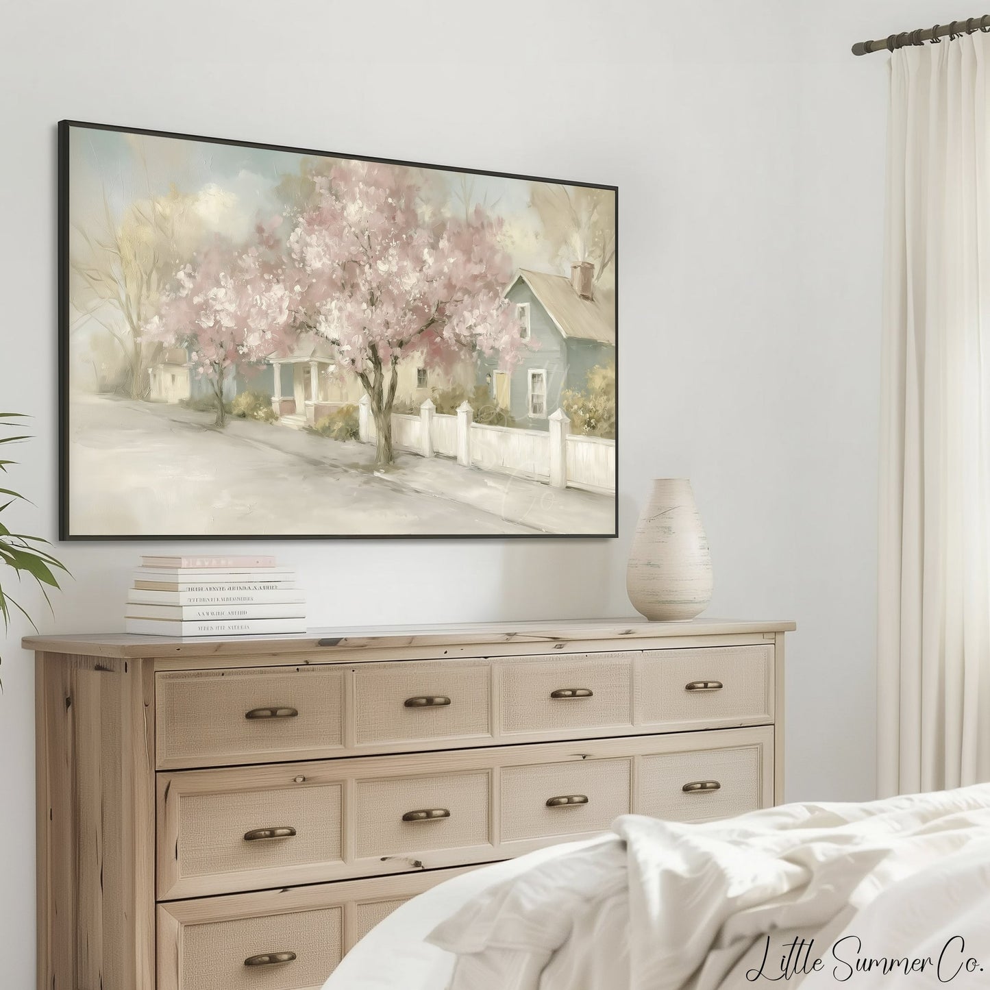 Blossom Cottage Street Frame TV Art displayed on a TV