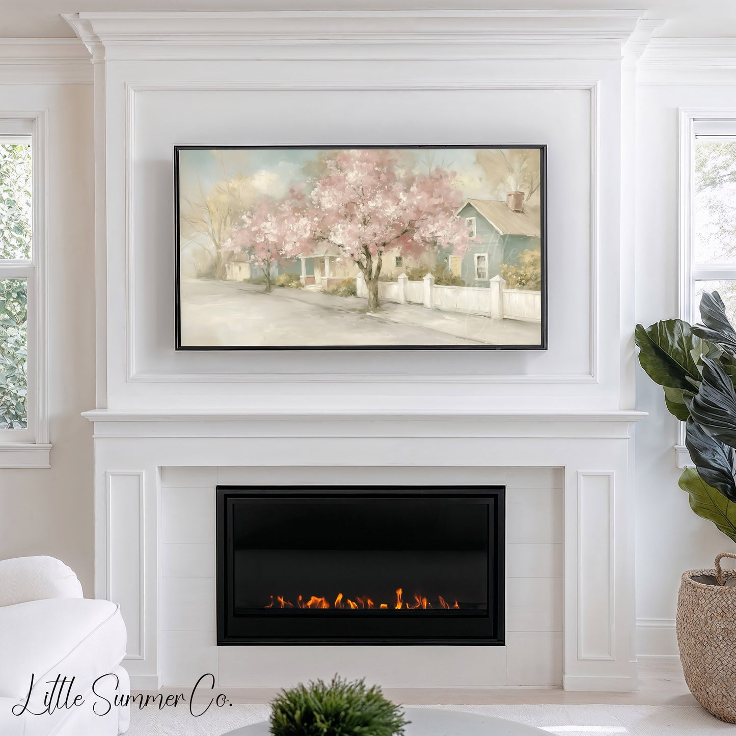 Blossom Cottage Street Frame TV Art displayed on a TV