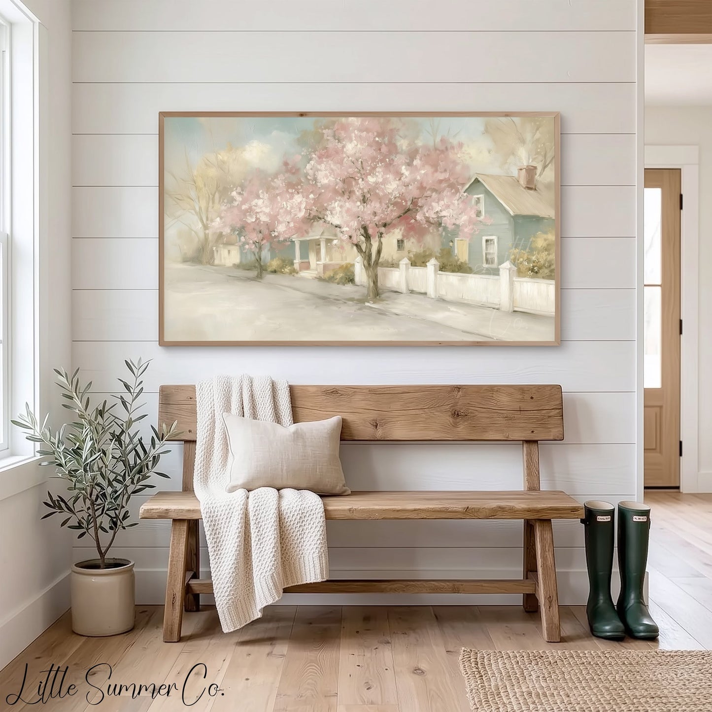 Blossom Cottage Street Frame TV Art displayed on a TV