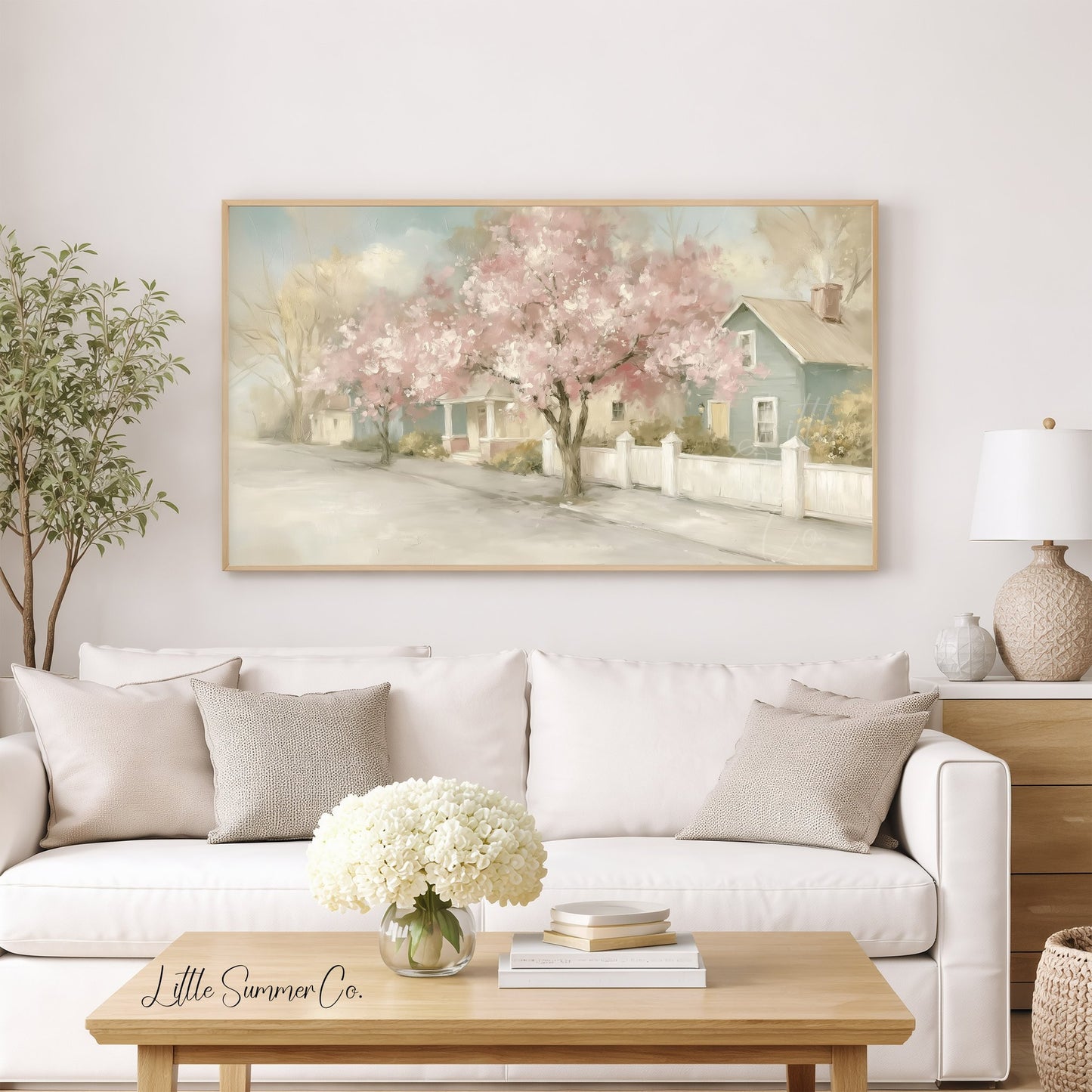 Blossom Cottage Street Frame TV Art displayed on a TV