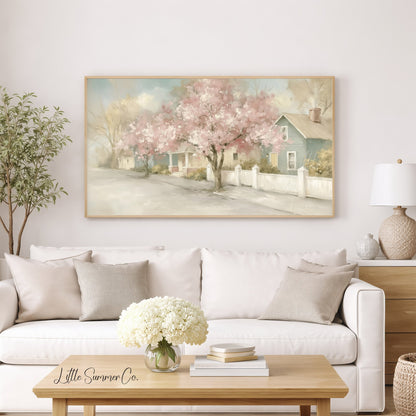 Blossom Cottage Street Frame TV Art displayed on a TV