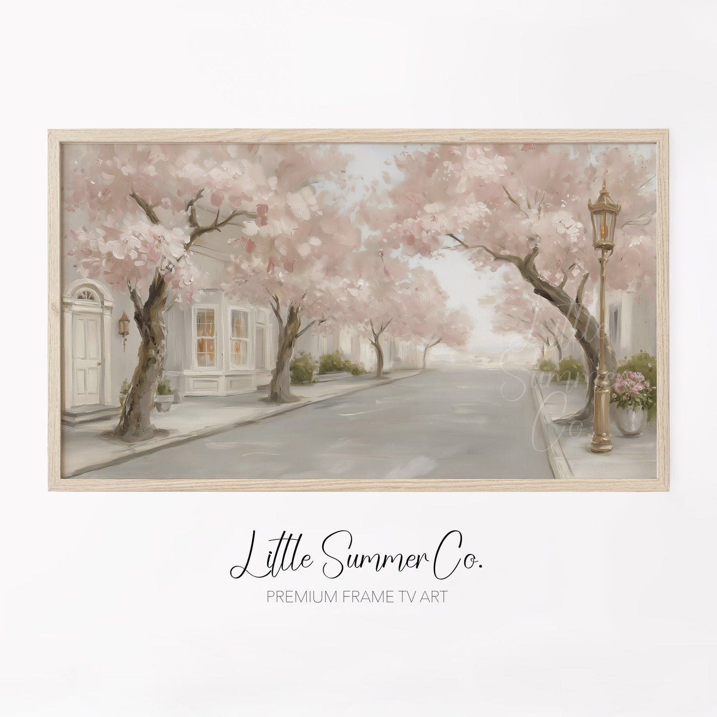 Cherry Blossom Street Frame TV Art displayed on a TV