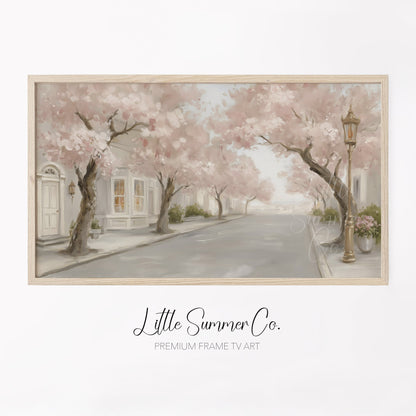 Cherry Blossom Street Frame TV Art displayed on a TV