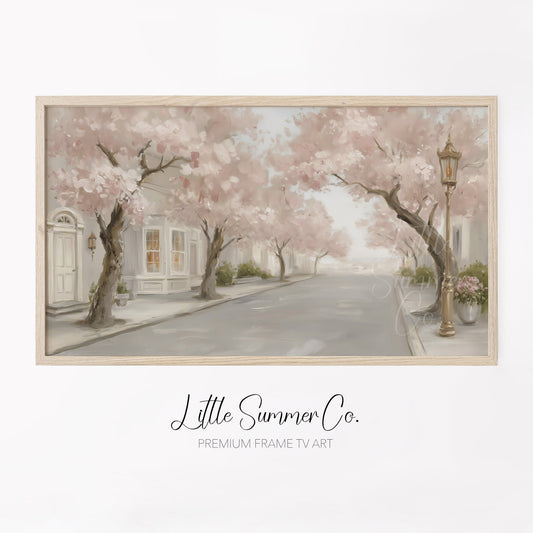 Cherry Blossom Street Frame TV Art displayed on a TV