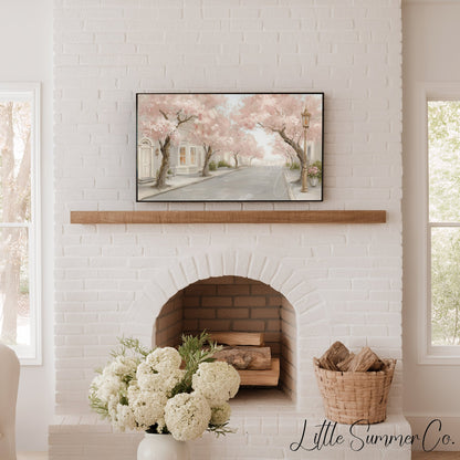 Cherry Blossom Street Frame TV Art displayed on a TV