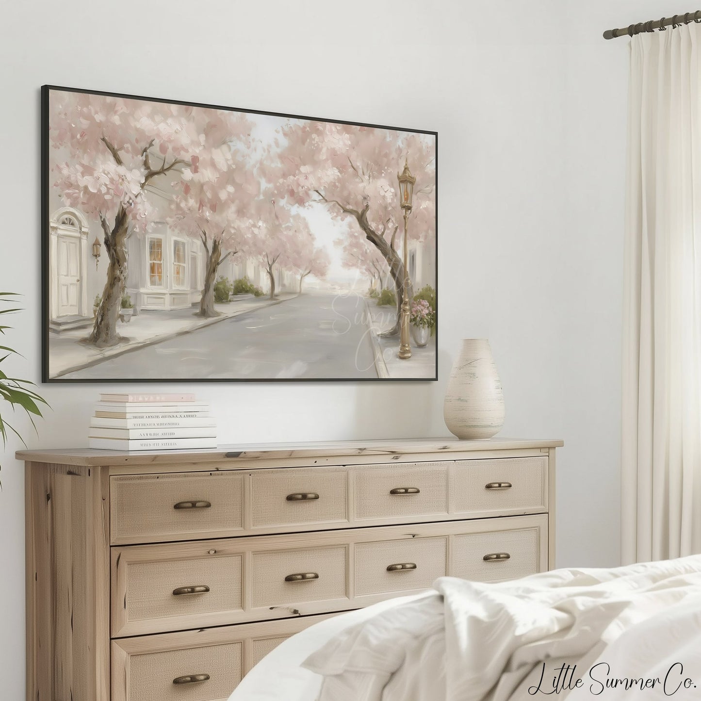 Cherry Blossom Street Frame TV Art displayed on a TV