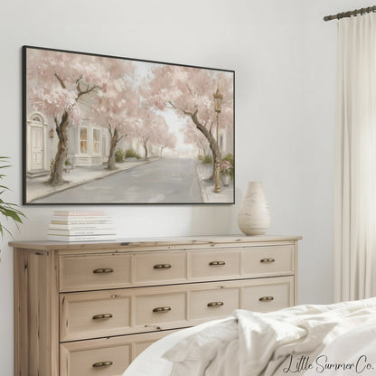 Cherry Blossom Street Frame TV Art displayed on a TV