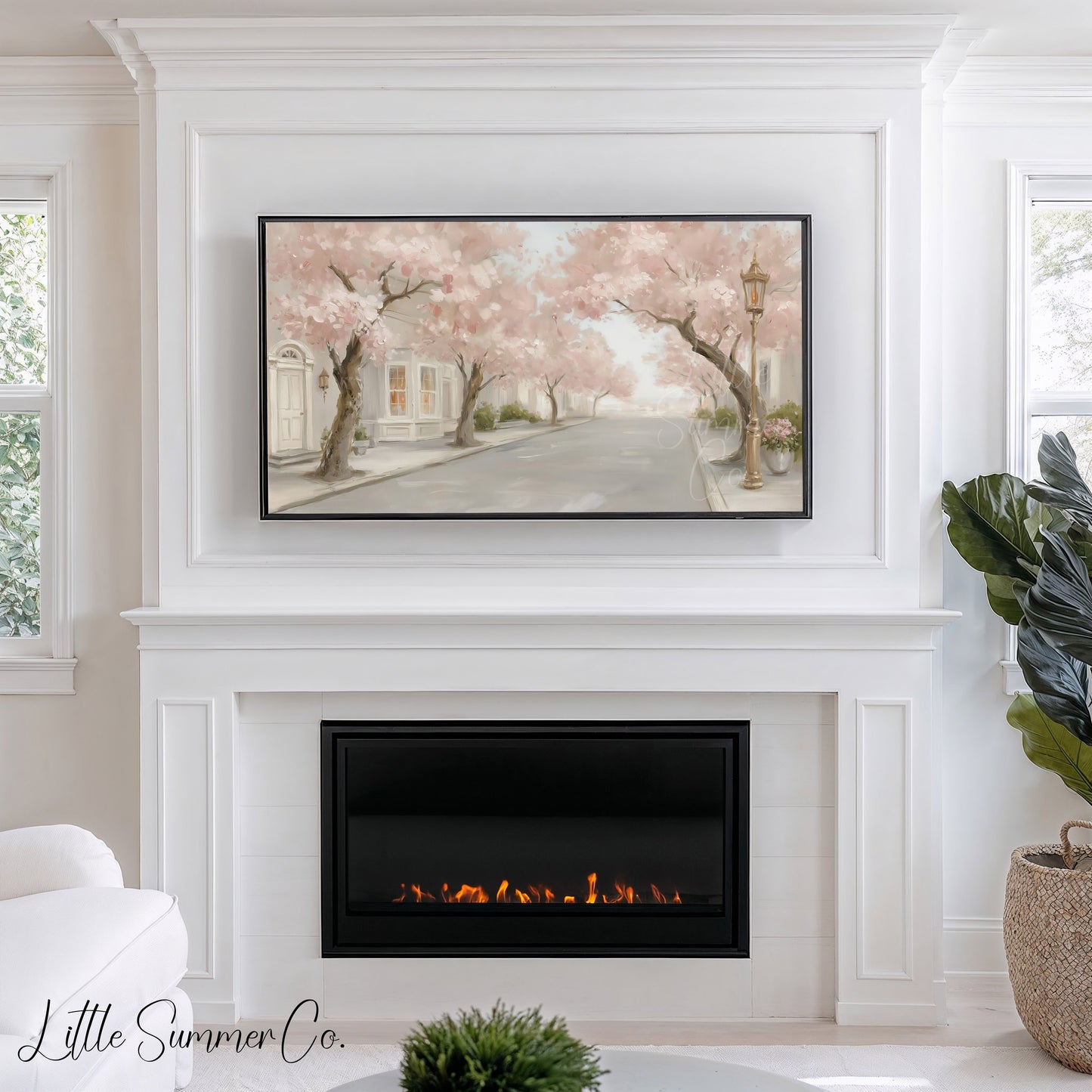 Cherry Blossom Street Frame TV Art displayed on a TV