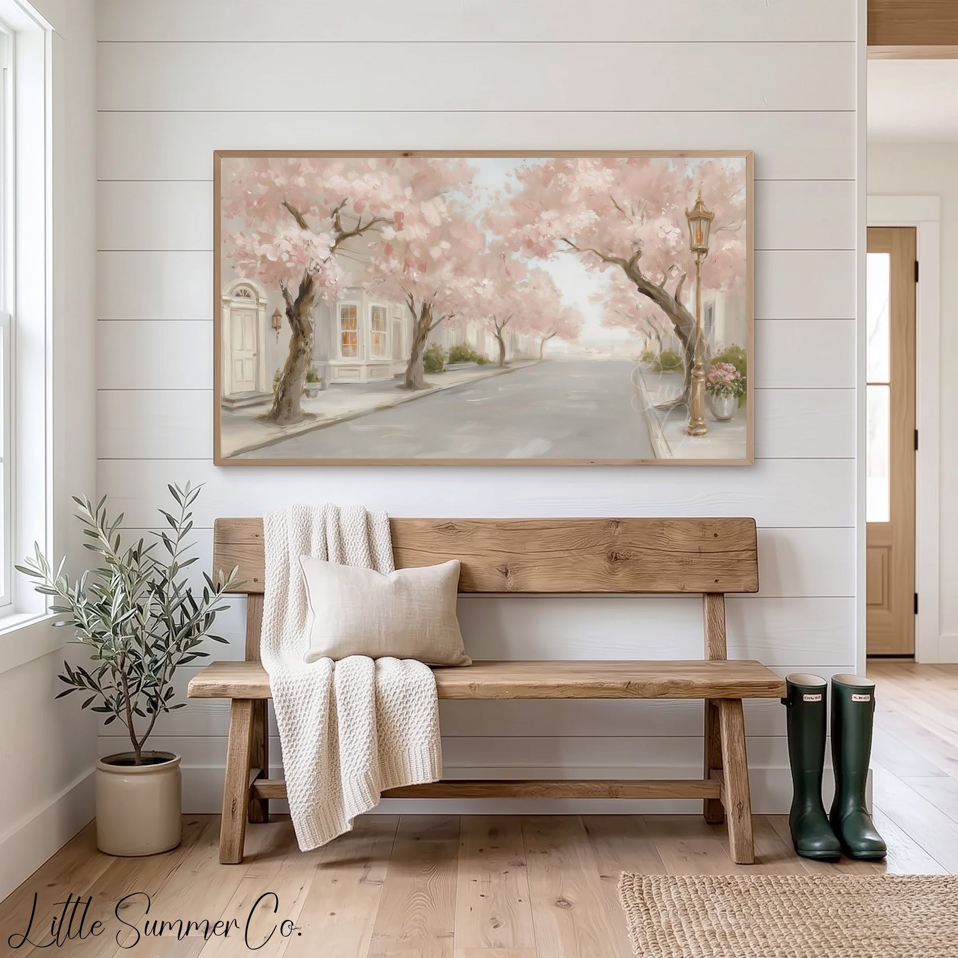 Cherry Blossom Street Frame TV Art displayed on a TV