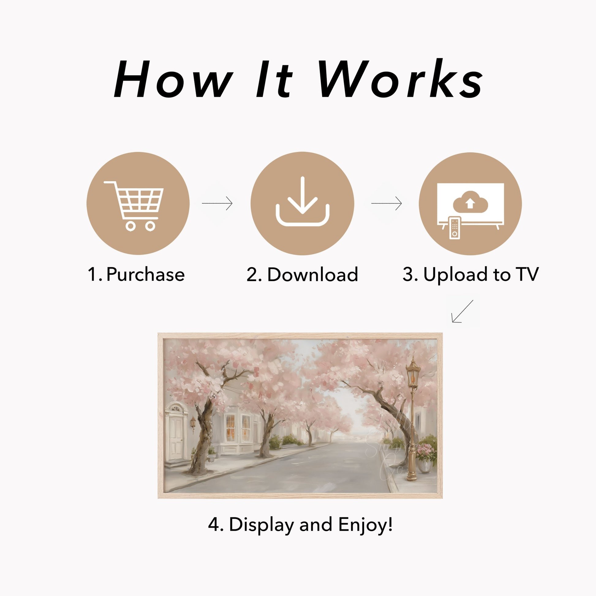 Cherry Blossom Street Frame TV Art displayed on a TV