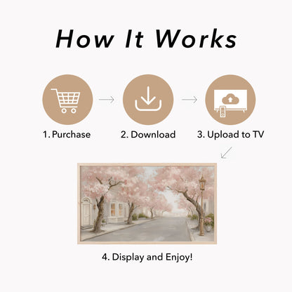 Cherry Blossom Street Frame TV Art displayed on a TV