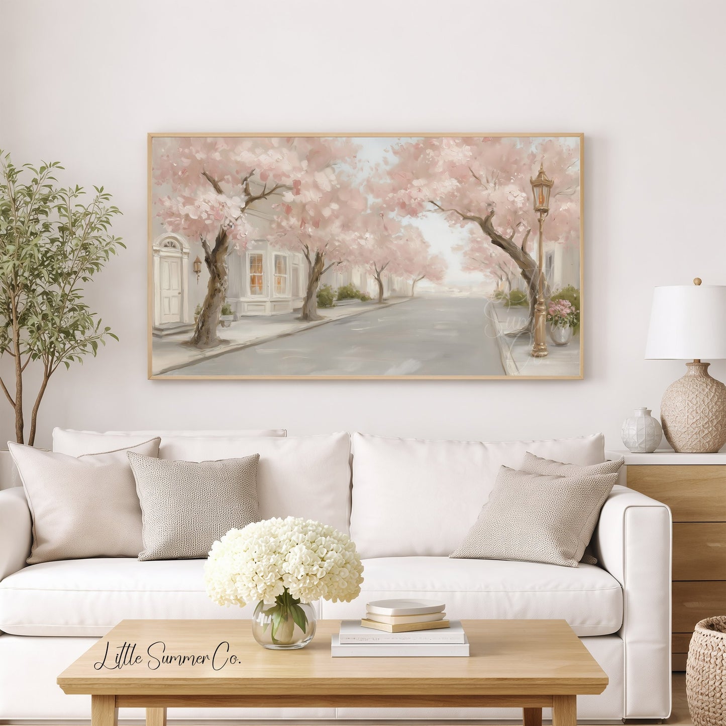 Cherry Blossom Street Frame TV Art displayed on a TV