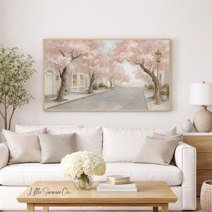 Cherry Blossom Street Frame TV Art displayed on a TV
