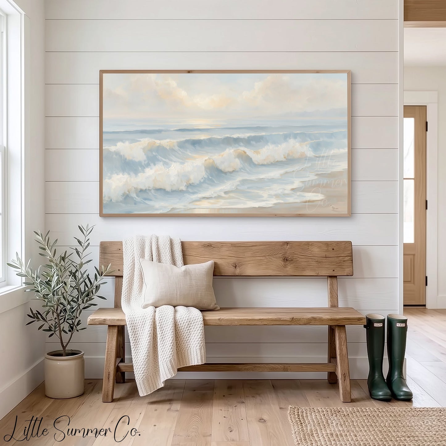 Soft Beach Waves Frame TV Art displayed on a TV