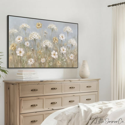 Soft Wildflower Meadow Neutral Frame TV Art displayed on a TV