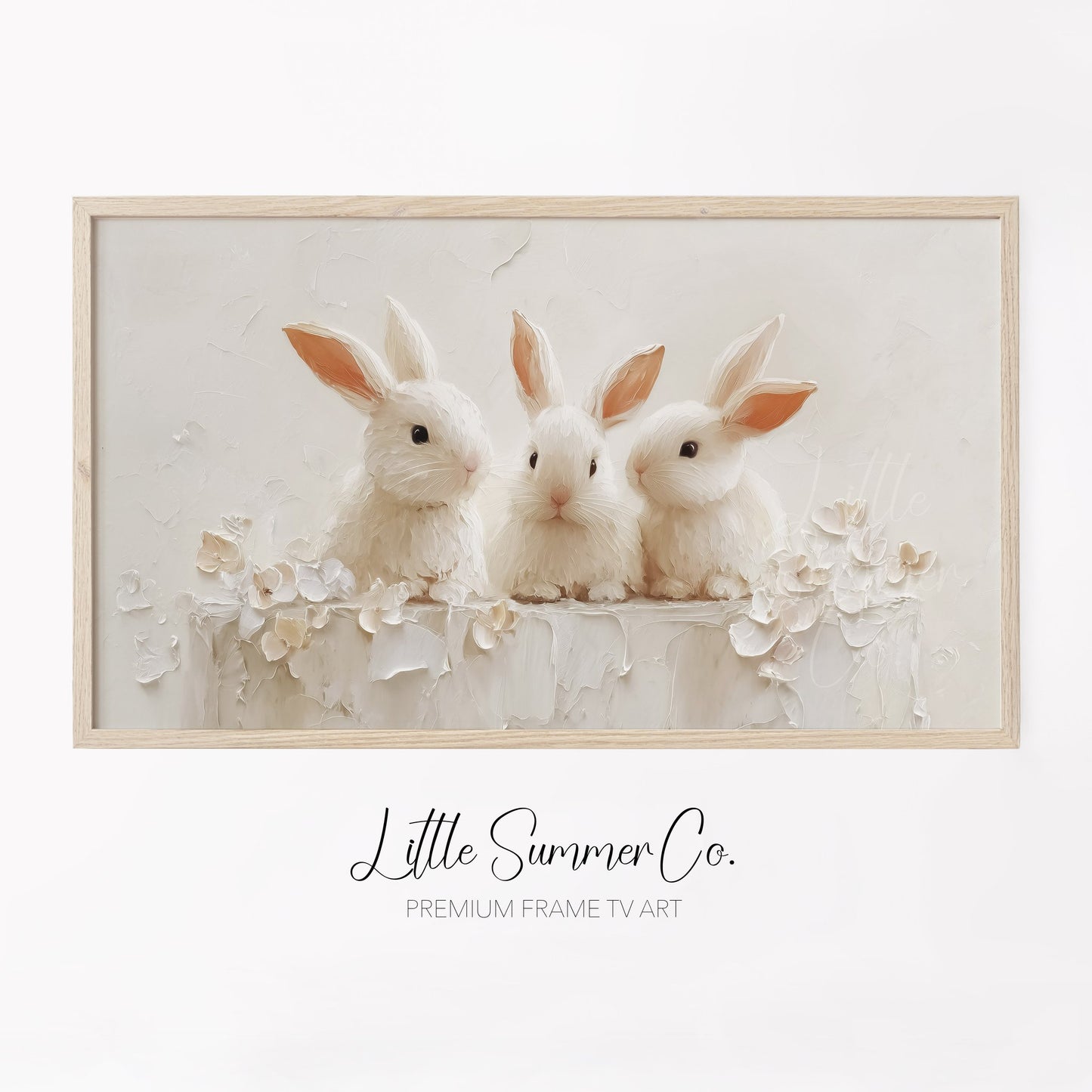 White Rabbits With Flowers Frame TV Art displayed on a TV