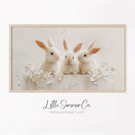 White Rabbits With Flowers Frame TV Art displayed on a TV