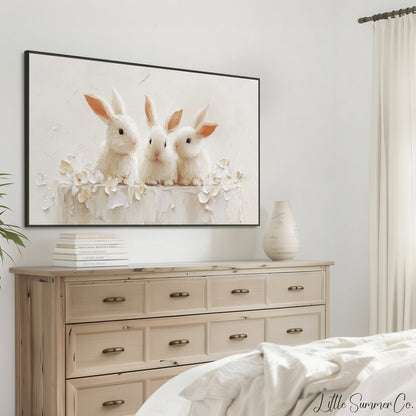 White Rabbits With Flowers Frame TV Art displayed on a TV