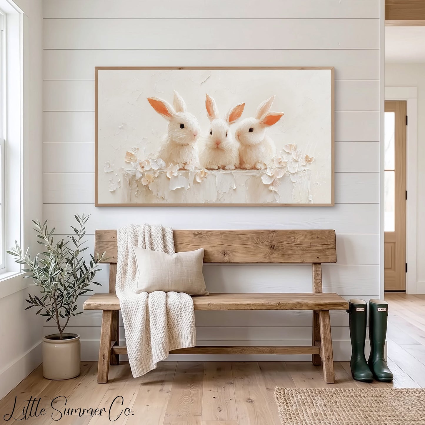 White Rabbits With Flowers Frame TV Art displayed on a TV
