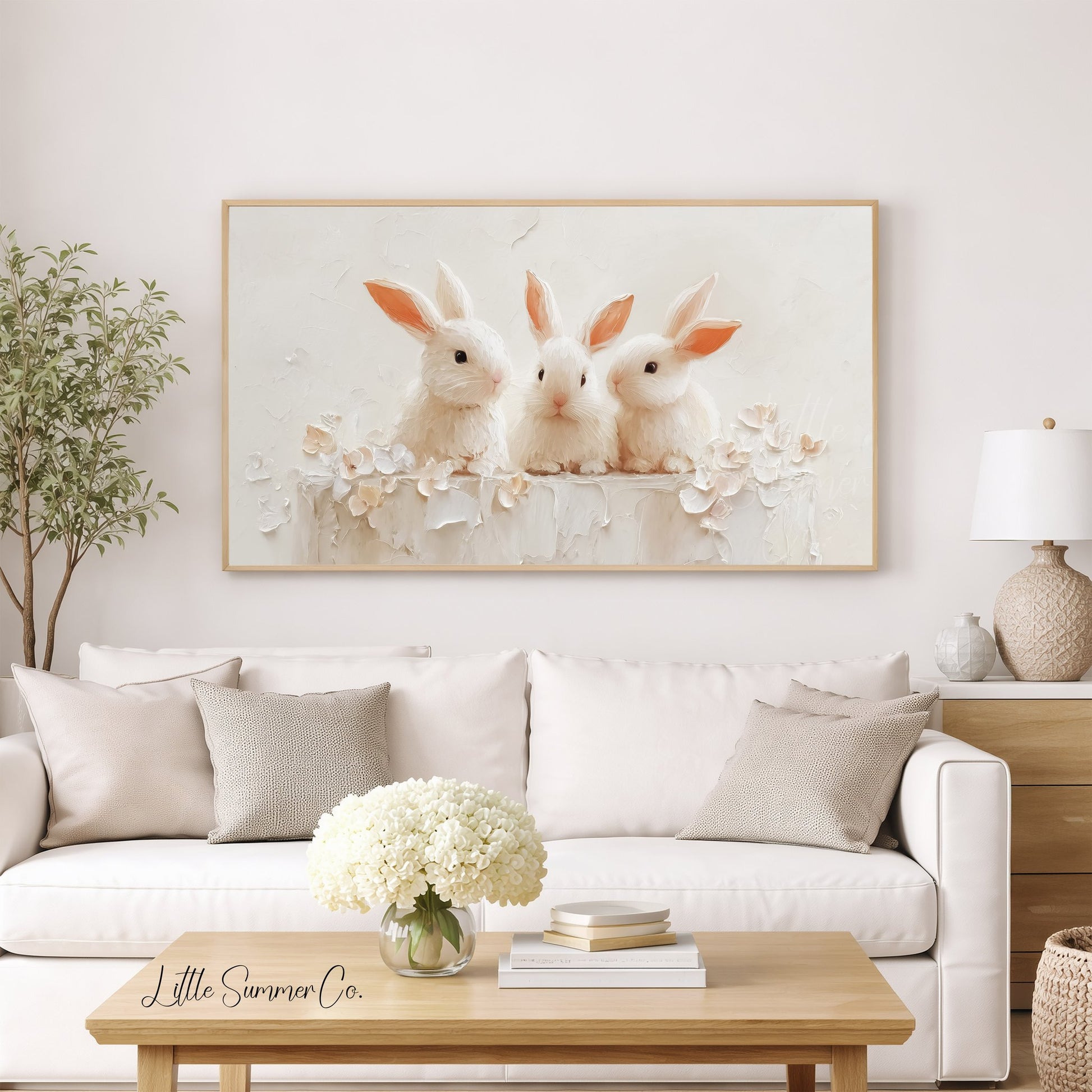 White Rabbits With Flowers Frame TV Art displayed on a TV