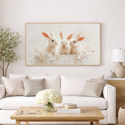 White Rabbits With Flowers Frame TV Art displayed on a TV