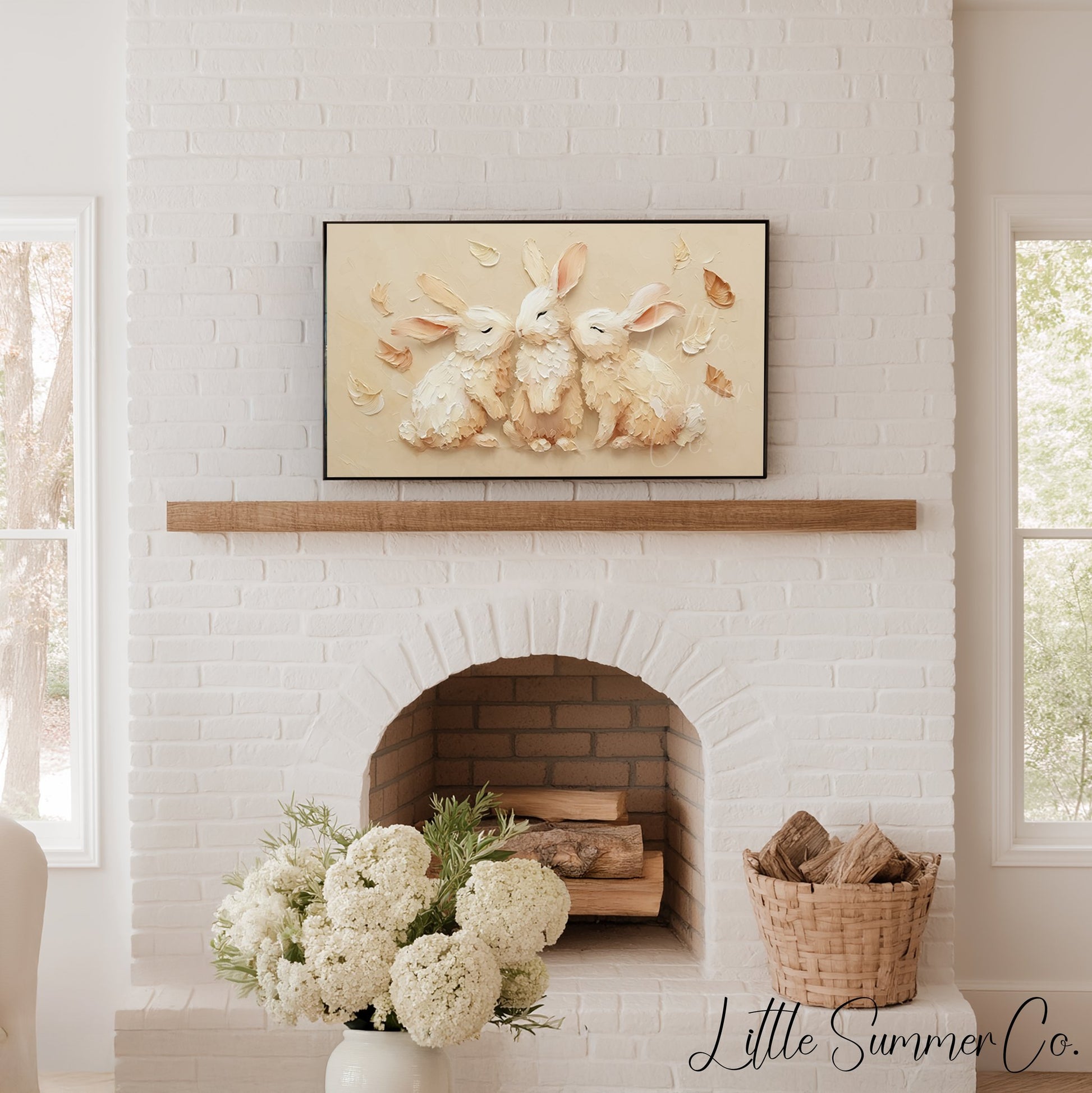 White Rabbits With Feathers Frame TV Art displayed on a TV