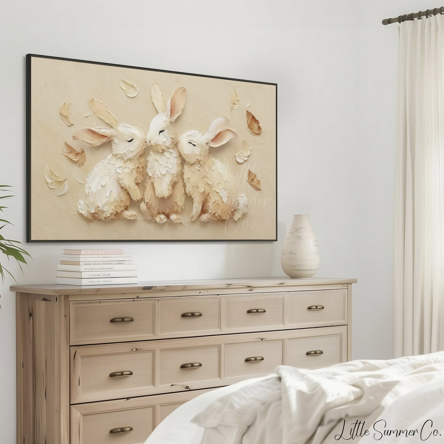 White Rabbits With Feathers Frame TV Art displayed on a TV