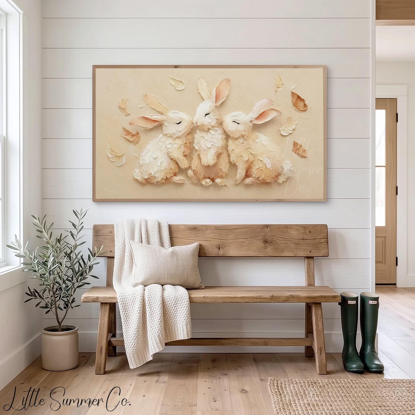 White Rabbits With Feathers Frame TV Art displayed on a TV
