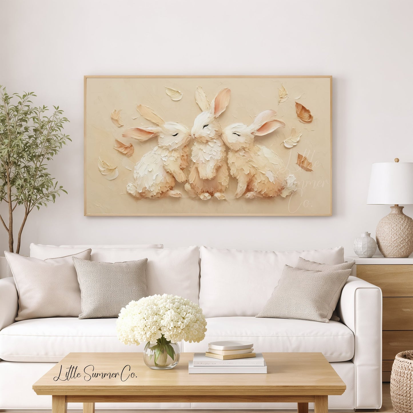 White Rabbits With Feathers Frame TV Art displayed on a TV