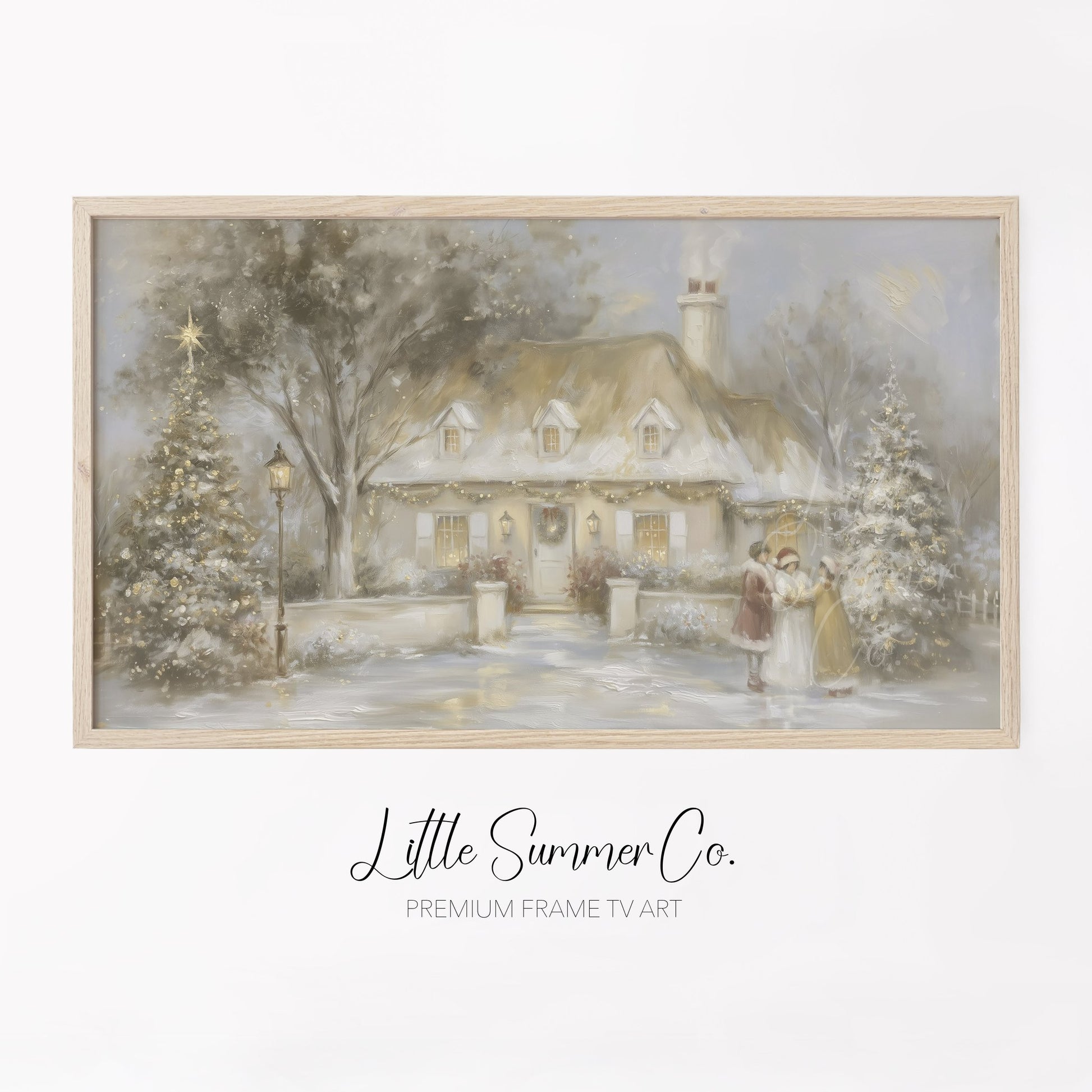 Snowy Cottage Carolers Frame TV Art displayed on a TV