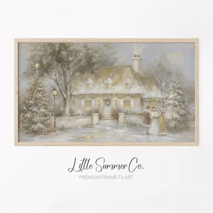 Snowy Cottage Carolers Frame TV Art displayed on a TV