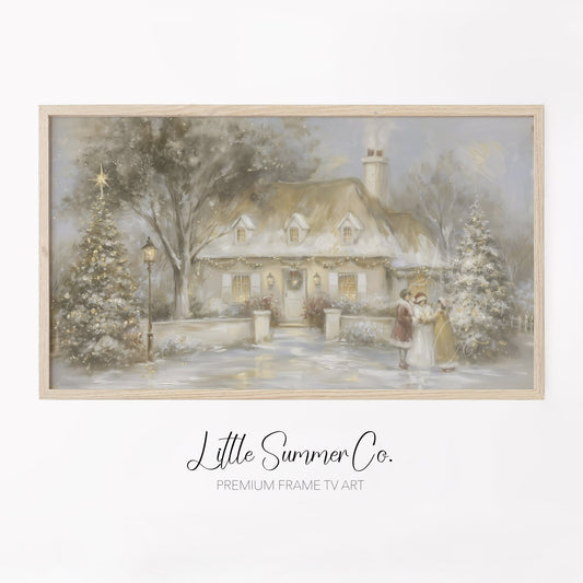 Snowy Cottage Carolers Frame TV Art displayed on a TV