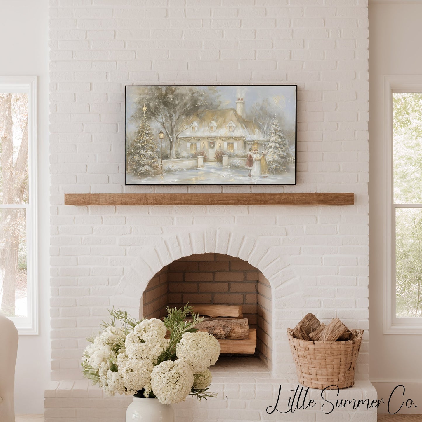 Snowy Cottage Carolers Frame TV Art displayed on a TV