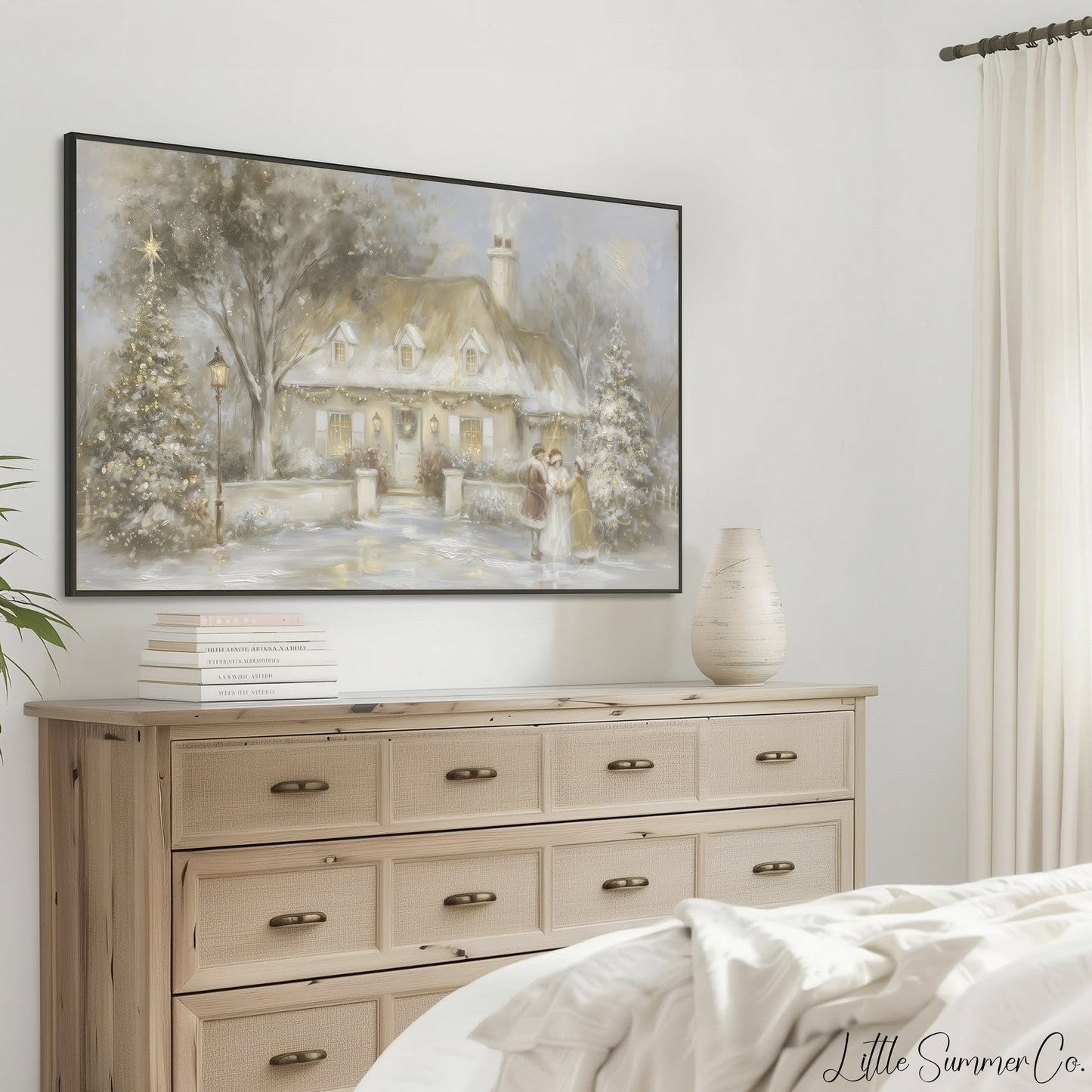 Snowy Cottage Carolers Frame TV Art displayed on a TV