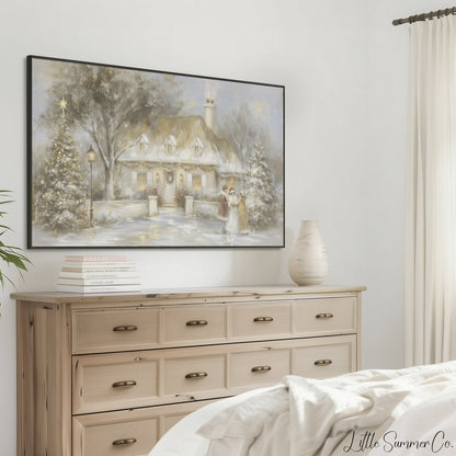 Snowy Cottage Carolers Frame TV Art displayed on a TV