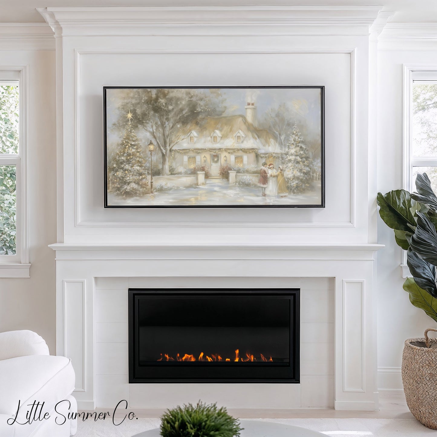 Snowy Cottage Carolers Frame TV Art displayed on a TV
