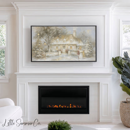 Snowy Cottage Carolers Frame TV Art displayed on a TV