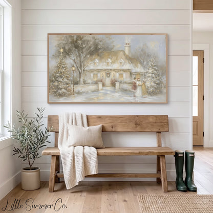 Snowy Cottage Carolers Frame TV Art displayed on a TV