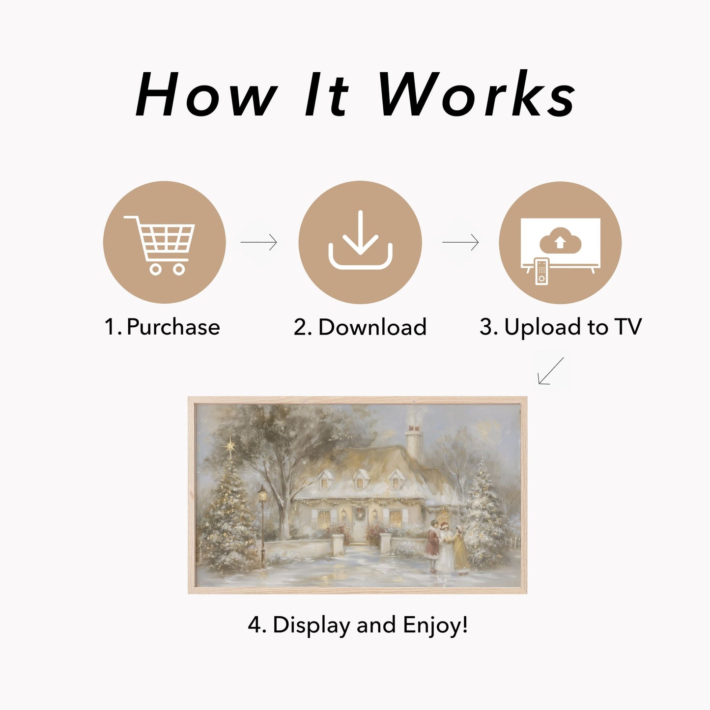 Snowy Cottage Carolers Frame TV Art displayed on a TV