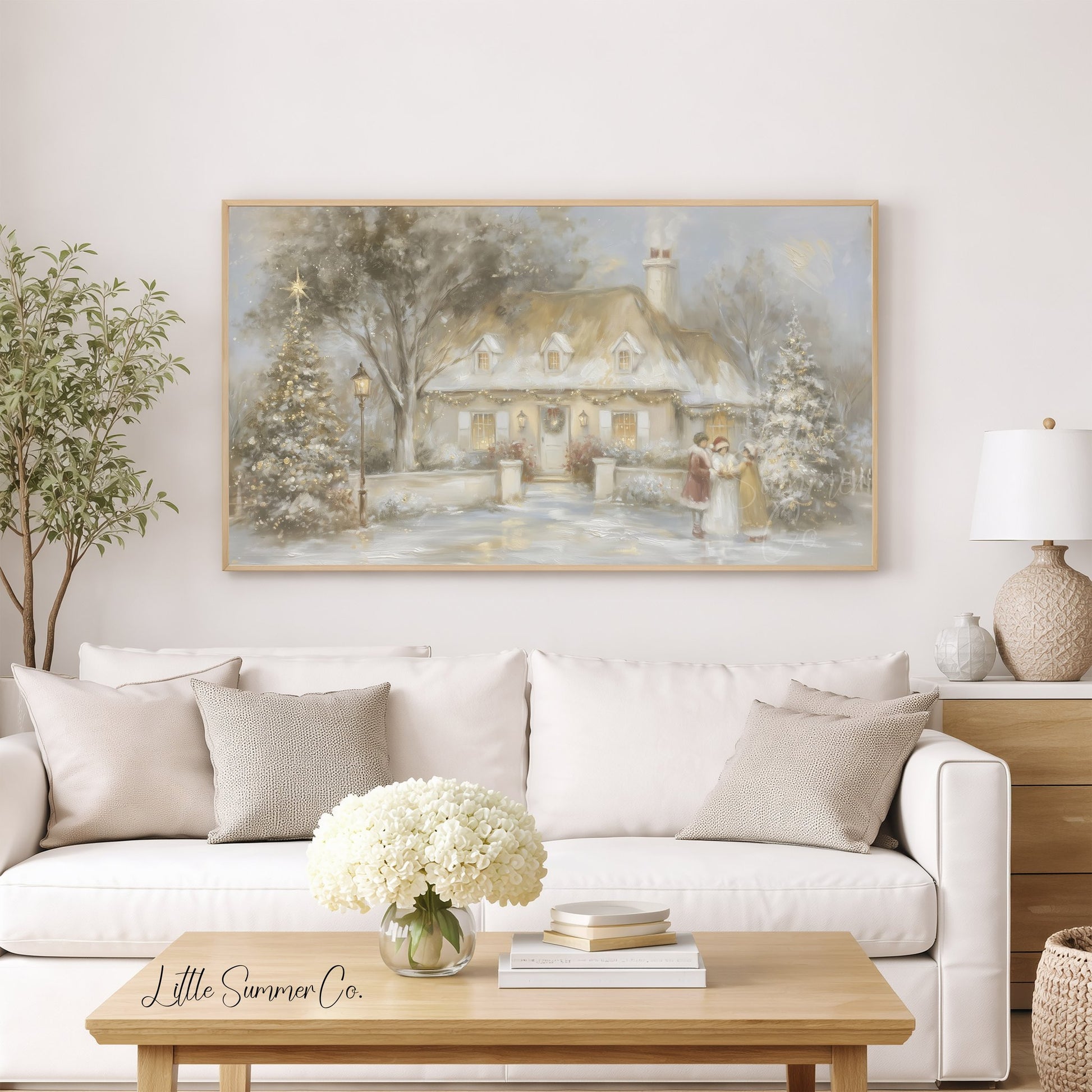 Snowy Cottage Carolers Frame TV Art displayed on a TV