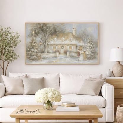 Snowy Cottage Carolers Frame TV Art displayed on a TV