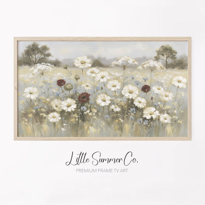 White Wildflower Meadow Frame TV Art displayed on a TV