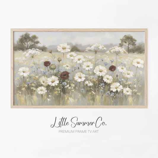 White Wildflower Meadow Frame TV Art displayed on a TV