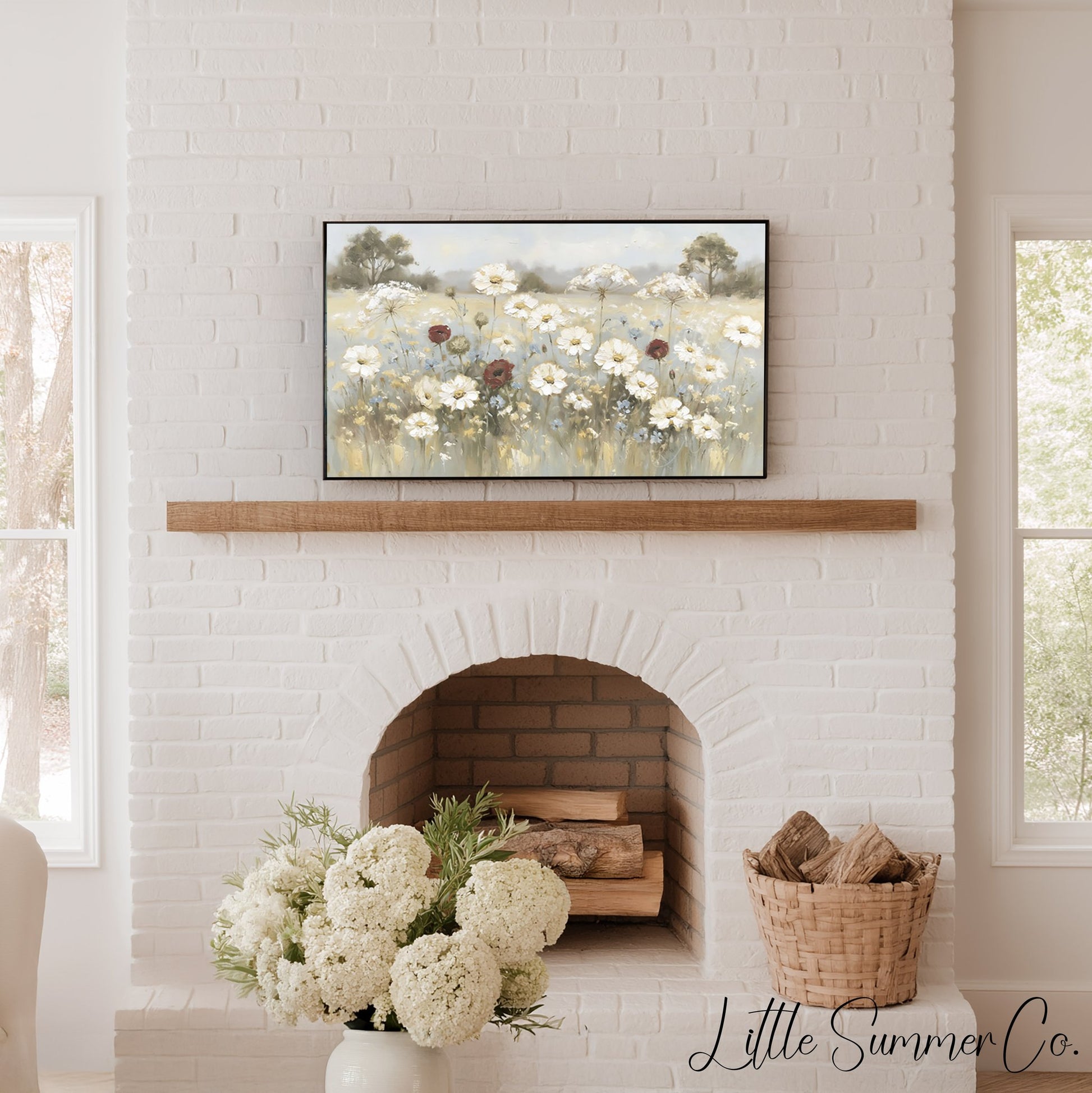 White Wildflower Meadow Frame TV Art displayed on a TV