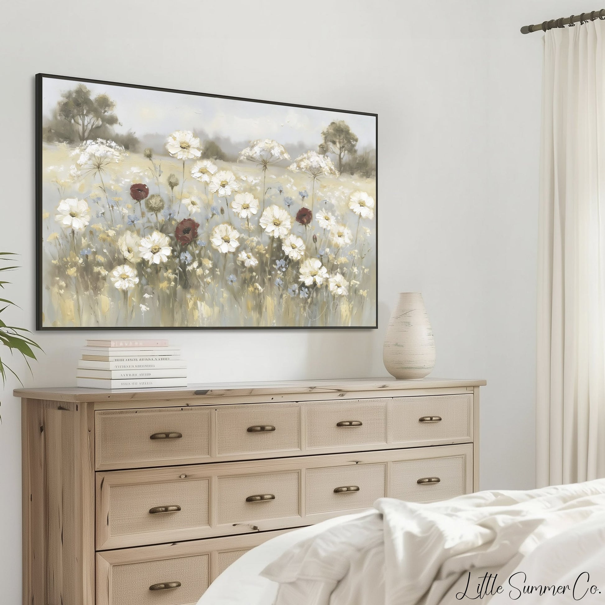 White Wildflower Meadow Frame TV Art displayed on a TV